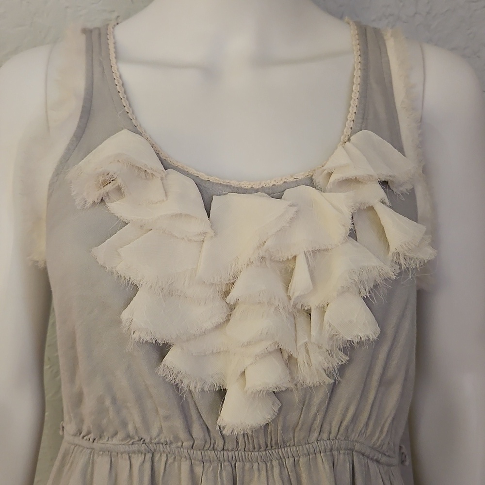 Vtg KLD Gray Ruffle Shabby Chic Distressed Sleeveless Mini Dress - Picture 4 of 8
